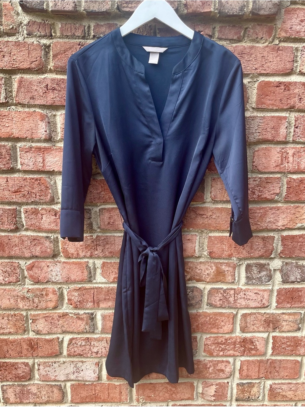 H&M Navy V-Neck Satin Shirt Dress with Tie Waist